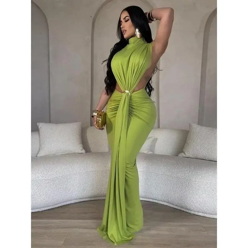 NewWomen O-neck High Split Ruched Stacked Bodycon Midi Maxi Dress 2025 Evening Party Club Vestidos Sexy Chic Long Dresses