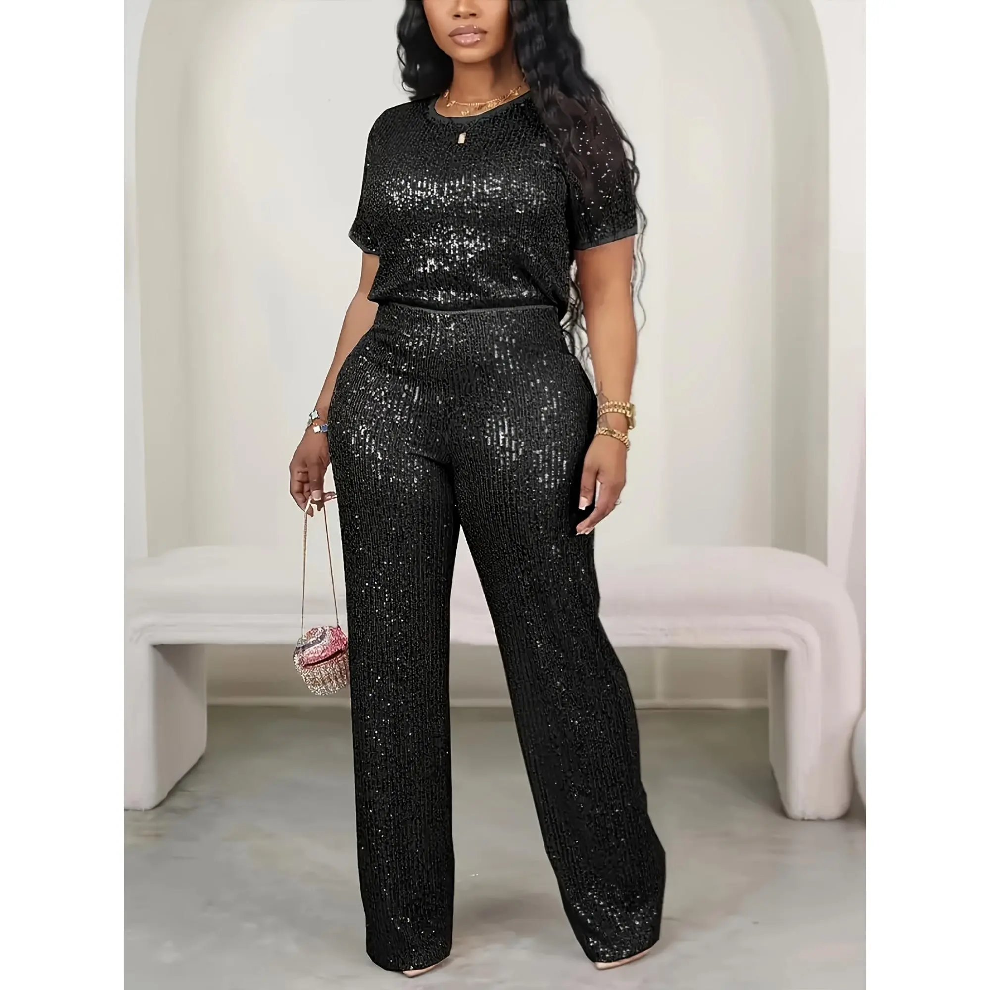 Casual Sequined Short-sleeve T-shirt And Pants Set, Shimmering Sequin Two-piece Set - Casual Chic Solid Color Qutfit - Short Sleeve CrewNeck Top With Skinny High Waist Pants For Women 2pcs Sequin Casual Short SleevedT-Shirt And Straight Pant Set