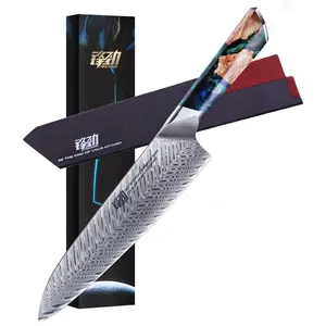 FINDKING 8 Inch Chef Knife with ABS Sheath, Multipurpose Japanese Gyuto Knife, Damascus Steel Blade, Resin and wood Handle, Full Tang, Blue, for Meat (Nebula Series)