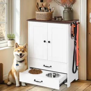 ARCH Dog feeding station, double door locker with 2 adjustable dog bowls, 3 hooks on right side, white