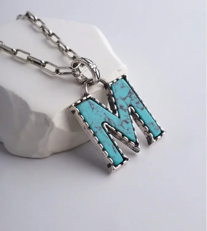 1PC Western Style Turquoise Letter Necklace for Women & Men, Personalized Initial Pendant Necklace, Vintage Turquoise Charm Necklace for Everyday Wear, Date Night & Gifts