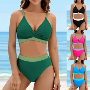 2026 European and American solid color two-piece bikini swimsuit, high-waisted sports swimwear, contrasting color cross design, sexy sporty style