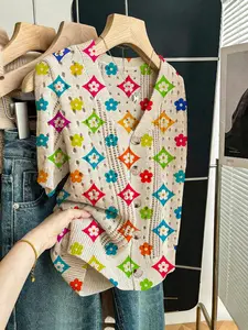 Women's Geometric Colorblock Print Short Sleeve Knit Cardigan, Casual Elegant Vacation Style Sweater, V Neck Loose Button Front, Spring Summer Fall