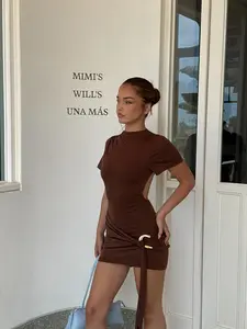 Women's Fashionable Plain Round Neck Short Sleeve Backless Waist Cinching Dress, European Style New Arrival, Minimalist Casual Elegance