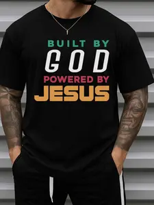 Men's Built By God Verse T-Shirt - 100% Cotton 180GSM Soft Retro Apparel with Religious Faith Statement Tee, Casual Round Neck Short Sleeve for Church, Casual Attire & Gifts
