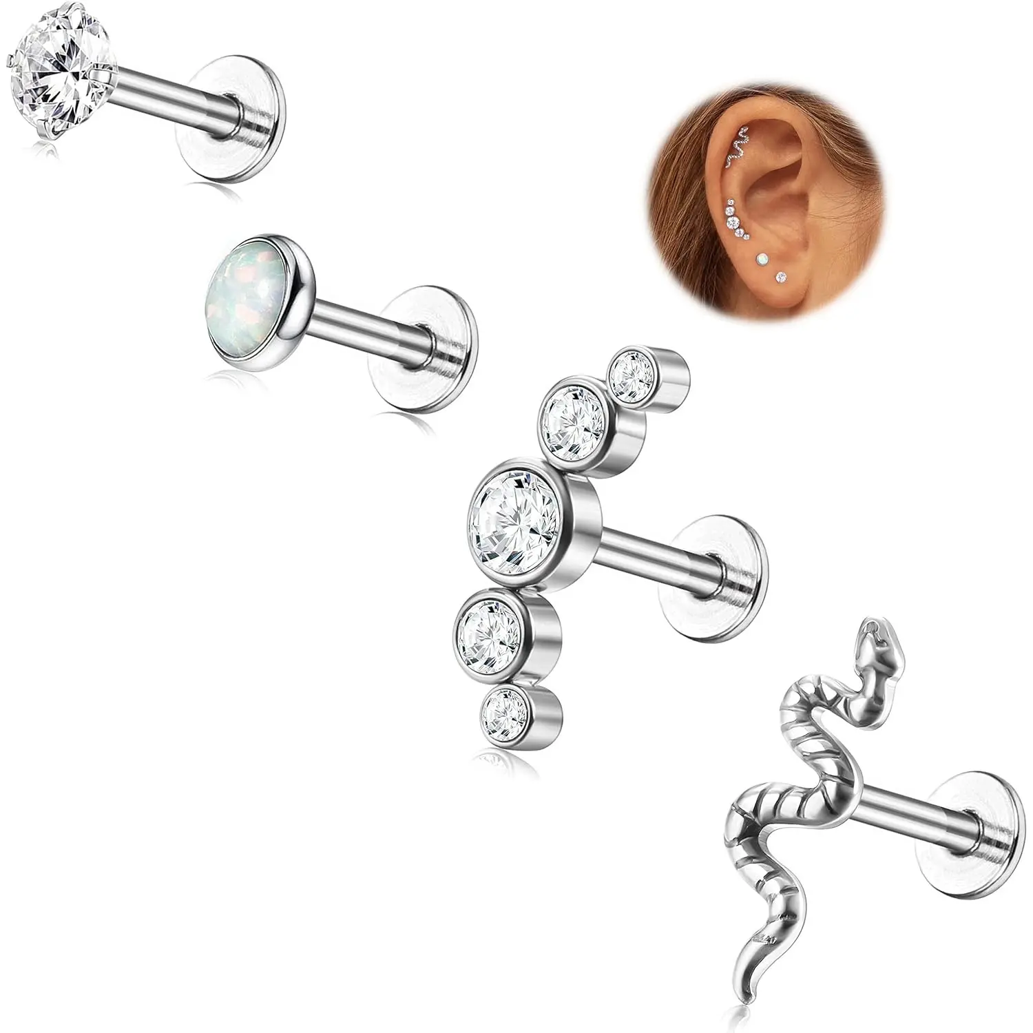 MILACOLATO 4Pcs 16G G23 Titanium Geometric Body Jewelry Set - Hypoallergenic Flat Back Labret Studs, Side Labret Jewelry with CZ Snake Accents for Forward Helix, Tragus Piercings, Helix Stud Piercing Jewelry