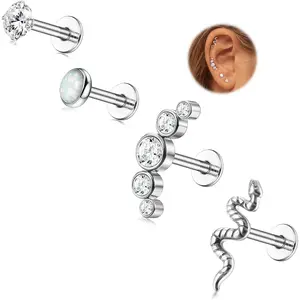 MILACOLATO 4Pcs 16G G23 Titanium Earrings Flat Back Forward Helix Piercing Labret Studs Hypoallergenic Tragus Piercing Earrings Cz Snake Medusa Conch Helix Piercing Jewellery