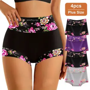 QUASTI 4-Piece Plus Size High-Waisted Cotton Printed Panties, Soft, Breathable, Highly Elastic and Skin-Friendly, Sizes 0XL-4XL