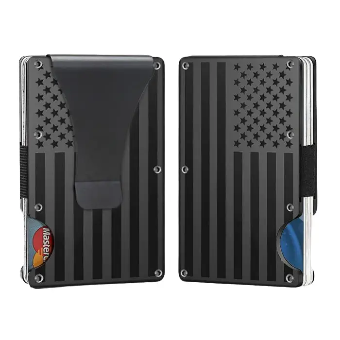 RFID Blocking Minimalist Credit Card Holder & Money Clip Wallet for Men American Flag Design Wood Material Slim Durable Stylish Business Card Case