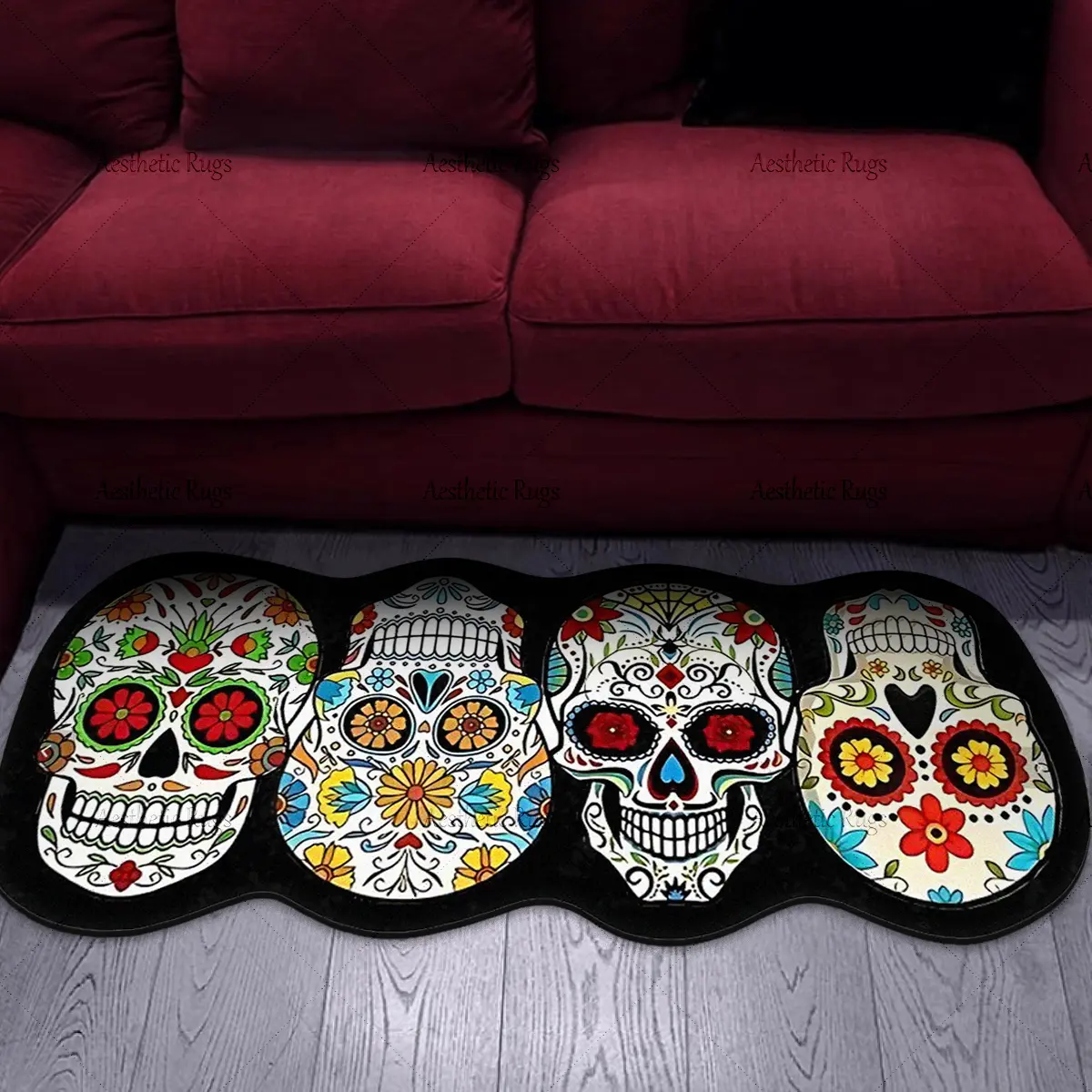 Creative Design Skull Carpet Mat, Halloween Dark Style Bedroom Decor, Home Decor Painted Floor Rug, Reflective Fabric, Polyester Rug, Durable Short Plush, Easy to Clean