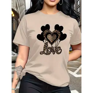 Women'S Black & Golden Heart Print T-Shirt with Black & Golden Leopard Print - Casual Round Neck Short Sleeve Top, Stretchy Medium Stretch Fabric