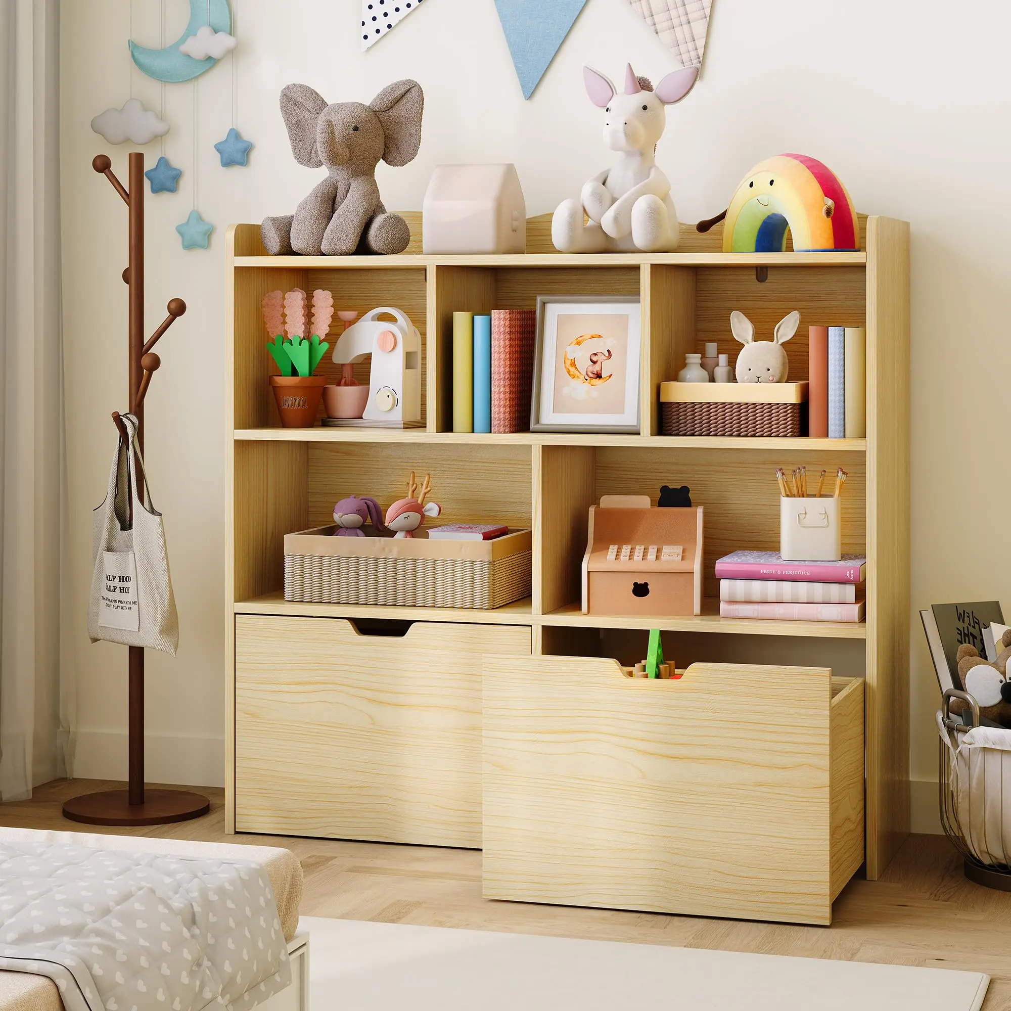 Toy Storage Shelf, Kid Bookcase Reading Shelf with Movable Drawers, Kids Toy Storage Organizer Box for Playroom Nursery Kindergarten Kids Bedroom, Natural
