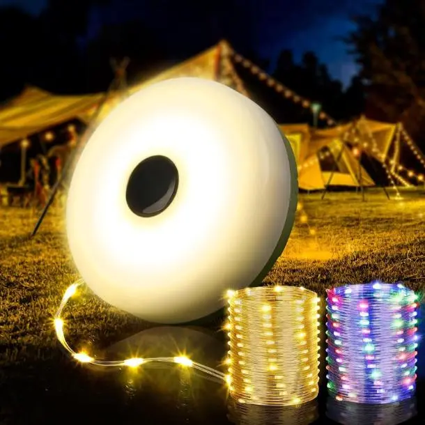 Camping String Lights, 4 in 1 Quick Storage 32.8FT Rechargeable Tent Lights String with 8 Lighting Modes, Hanging Waterproof Portable LED Lamp for Outdoor Patio Awning Garden Camping Essentials