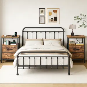 Small Bedside Table with Charging Station, Nightstand with 1 USB + 2 AC + 1 Type-C, Fabric Drawers, Space-Saving, 1 PC / 2 PCS Set