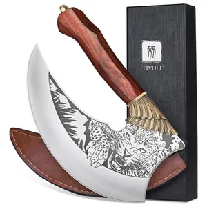 TIVOLI Ulu Knife 9-inch Pizza Cutter Axe, Viking Butcher Cleaver Knife, German 1.4116 Super Steel Rose Wooden Handle with Sheath & Box
