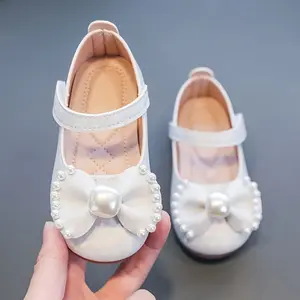 Girls Mary Jane Princess Shoes: Pearl Bow Decoration, Casual Cute Solid Color Low-top Velcro Shoes, Suitable for Daily Casual Wear, Beaded Patchwork Design, Suitable for Toddlers and Children Under 14