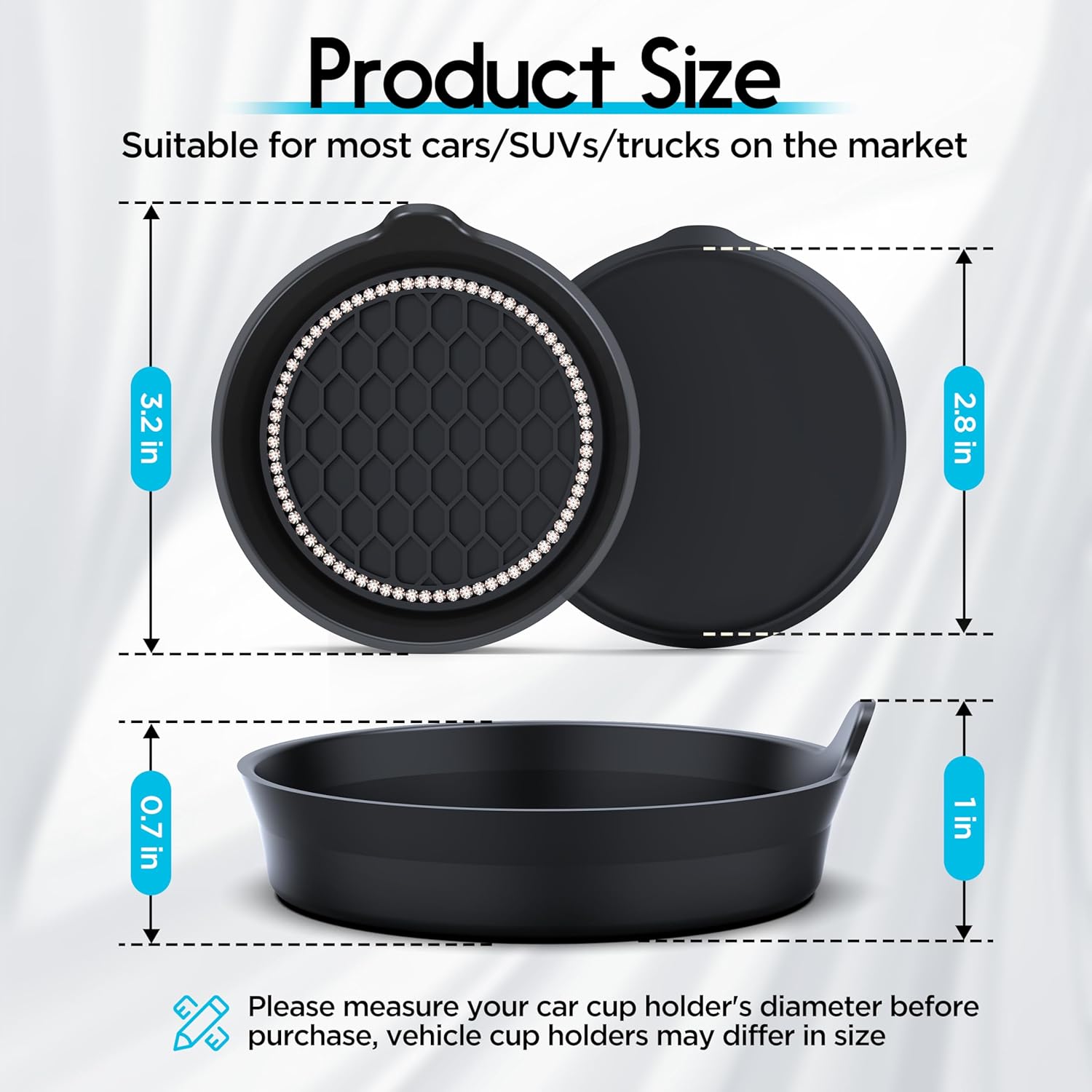 Car Cup Coaster Universal Non-Slip Cup Holders Bling Crystal Rhinestone Car Interior Accessories 2 Pack Black