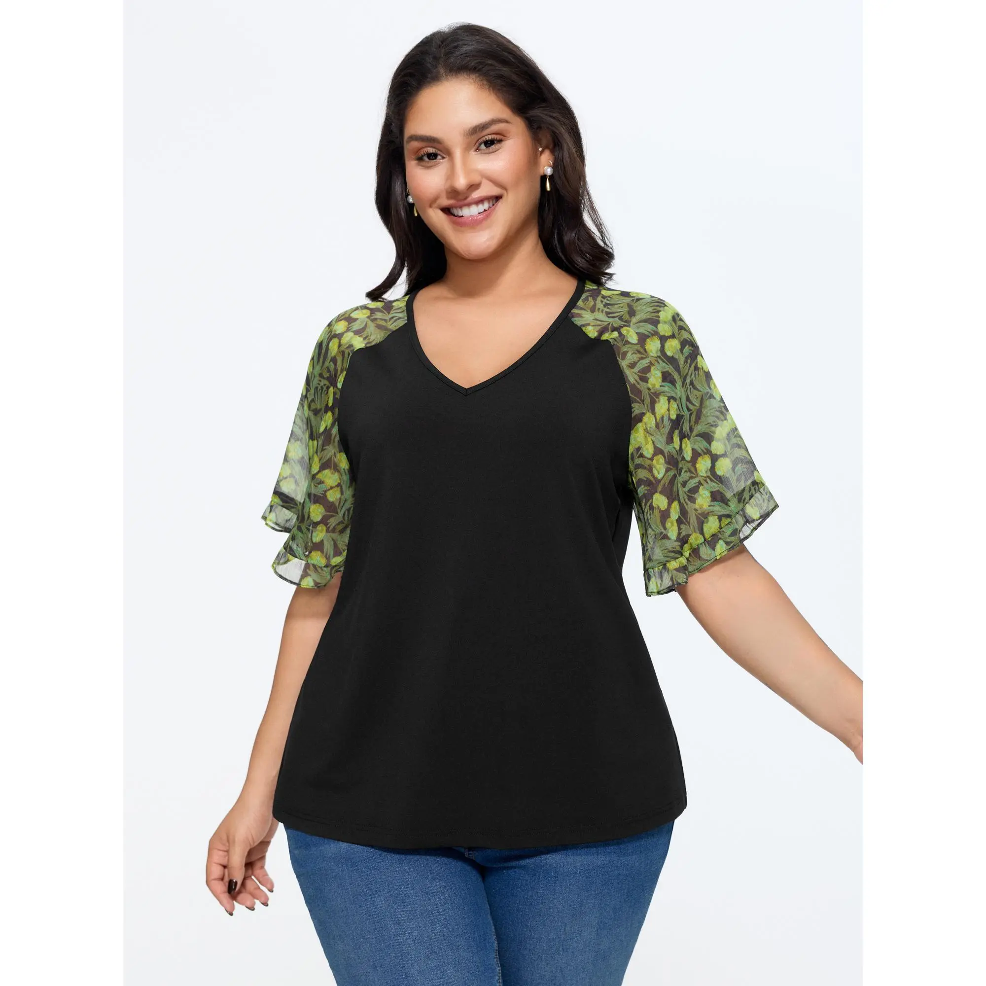 BloomChic Women's Plus Size Floral Blouse, Casual Short Sleeve Top with Sheer Ruffled Cuffs for Summer, Smooth, Garment, Shortsleeve, Black Flower, Shirts, Fabric