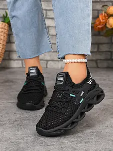 Women's Mesh Lace-Up Sneakers with Hollow Sole Design, Casual Low-Top Footwear with Letter Accents for Everyday Wear and Versatile Outfits, Breathable Casual Sneakers