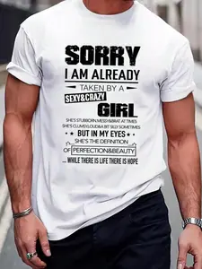 Sorry I'm Taken" Relationship Quote Graphic T-Shirt, Bold Distressed Text Print Tee, Classic Crew Neck Shirt, Casual Couple Short Sleeve Top, Trendy Romantic Humor Aesthetic Cotton Tee for Boyfriends, Girlfriends and Relationship Enthusiasts