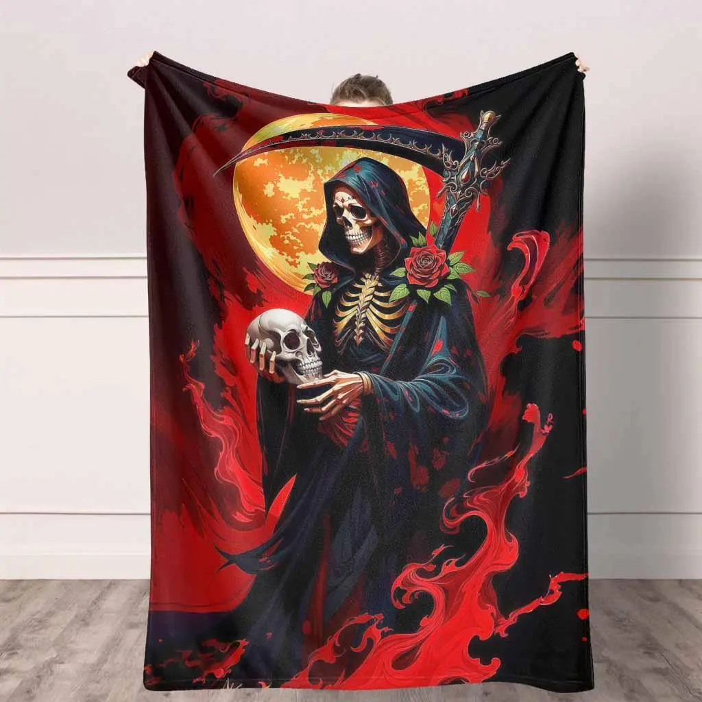 Grim Reaper Flannel Blanket - Ghost Face Blanket, Skull and Roses Print, Ultra-Soft Warm Lightweight Throw, Halloween Decor, Gothic Home Use, Unique Gift for Horror Movie Fans