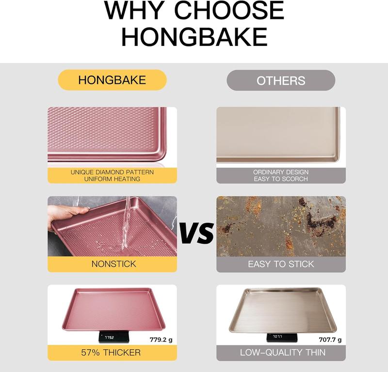 [BF&CM]HONGBAKE Diamond-Texture Baking Sheet Pan Set, Non-Stick Cookie Sheets, Teflon-Free Heavy Duty Bakeware - 3 Sizes, Baker, Pink Kitchenware Cooking