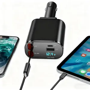 Limited Black Friday Offer USB Car Charger - 4-in-1 Retractable Design, Dual-Port PD 30W Fast Charger with Voltage Display for All Devices