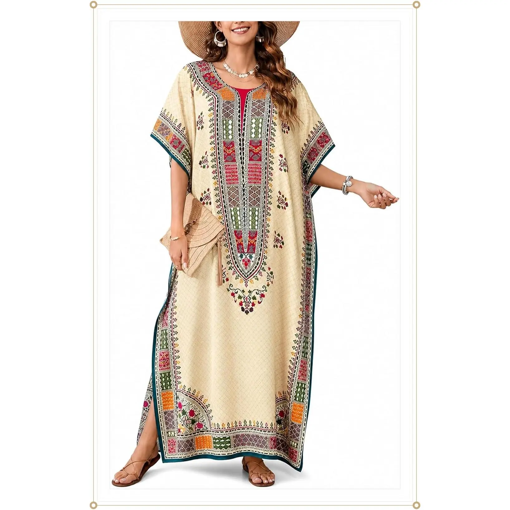 Goood Times Plus Size Kaftan Long Maxi Kimono for Women, 52" Length, 3/4 Sleeves, Kaftan Nightgown for WomenGift