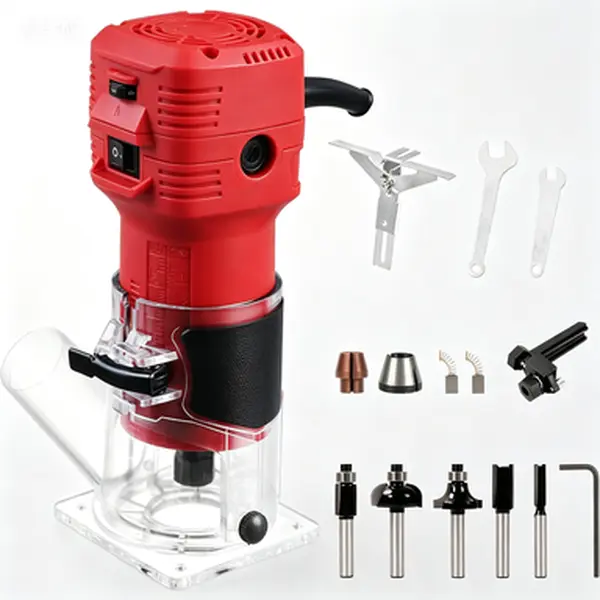 650W Compact Wood Router with 1/4" Bits Set, 15000-32000 RPM Variable Speed Handheld Trim Router, 6 Adjustable Speeds for Woodworking, Includes Edge Guide and Roller Guide, 110V Power Tool