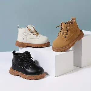 Trendy Cool Solid Color Boots With Side Zipper For Baby Boys Wear-resistant Non-slip Boots For Spring And Autumn in White Brown and Black Options