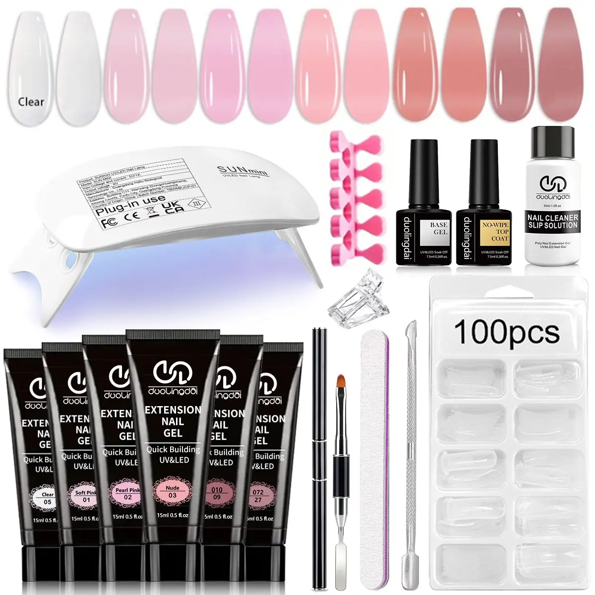 Doling Dai 6 Color Clear Nude Nail Extension Gel Set, No Wipe Hard Builder Gel with Mini UV Lamp, Complete Nail Art Kit for Elegant Look