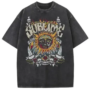 Sublime Sun Graphic Oversized T-Shirt Unisex Vintage Washed Distressed Crew Neck Tee Retro 90s Rock Streetwear Casual Top Reggae Band Aesthetic Fashion for Men Women Outdoor Daily Wear Menswear Tshirt