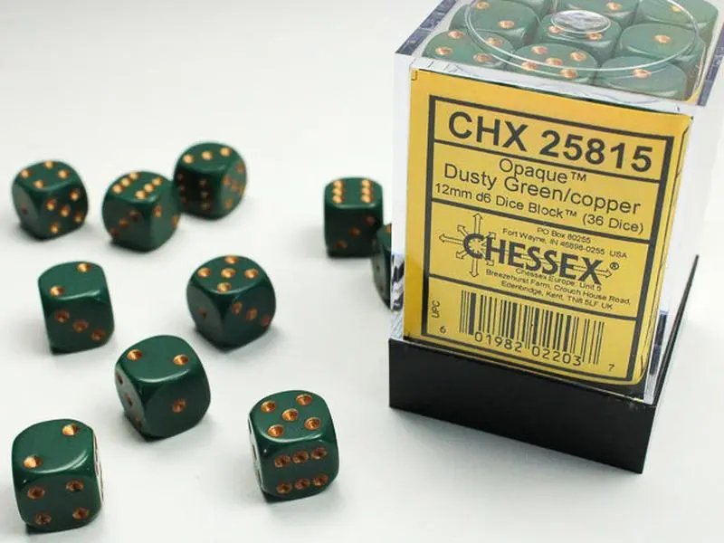 Opaque (Dusty Green/Copper) Chessex Brand 12mm D6 Dice Set 36ct.