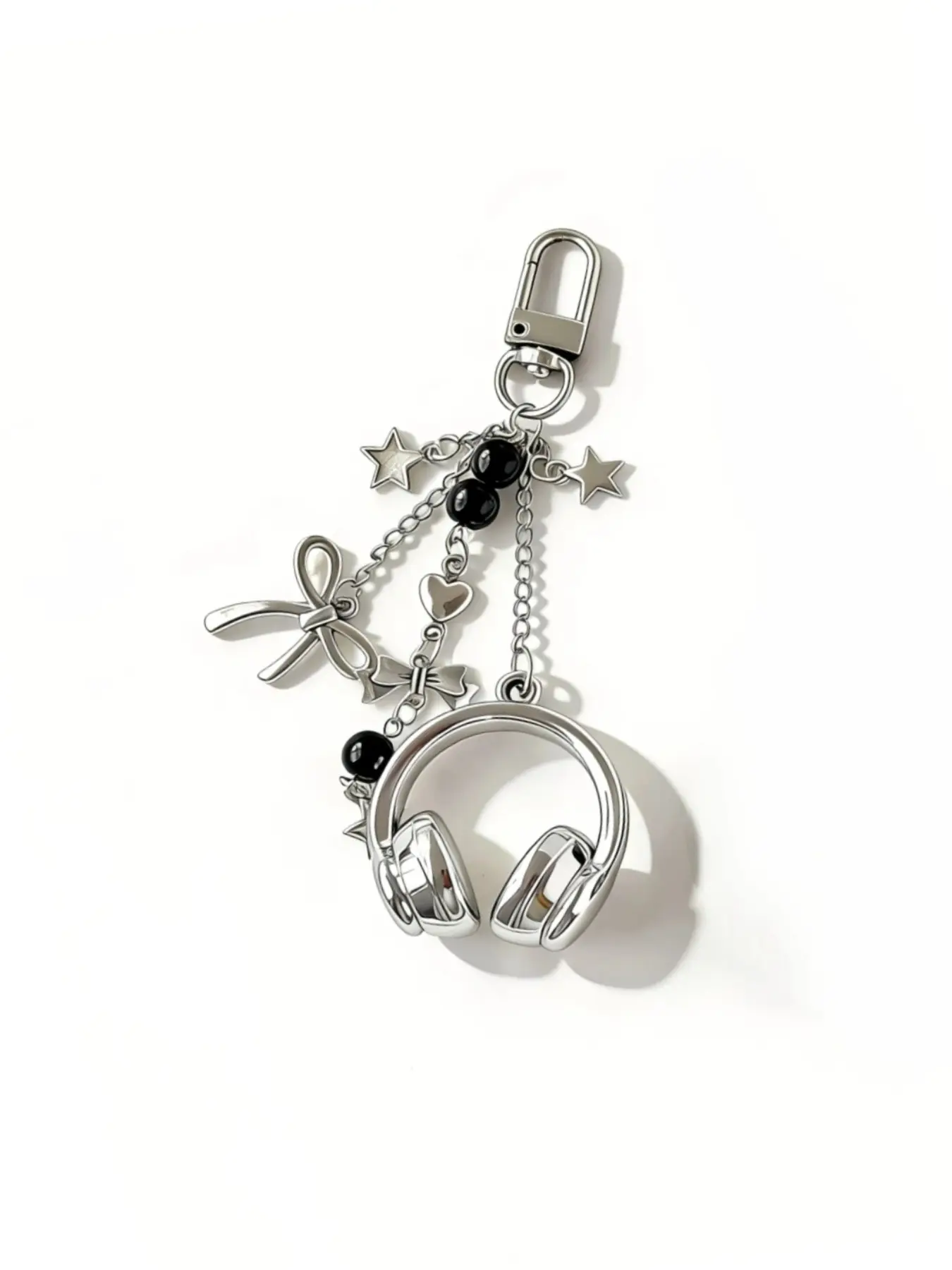 Mini Headphone Bag Charm , Cute Y2K Aesthetic Keychain,  Silver & Black Color Bow Star Pendant, Daily Outfit Match, Street Style Charm, Keychain For Bags, Cute Bag Charms, Bag Accessories Charms