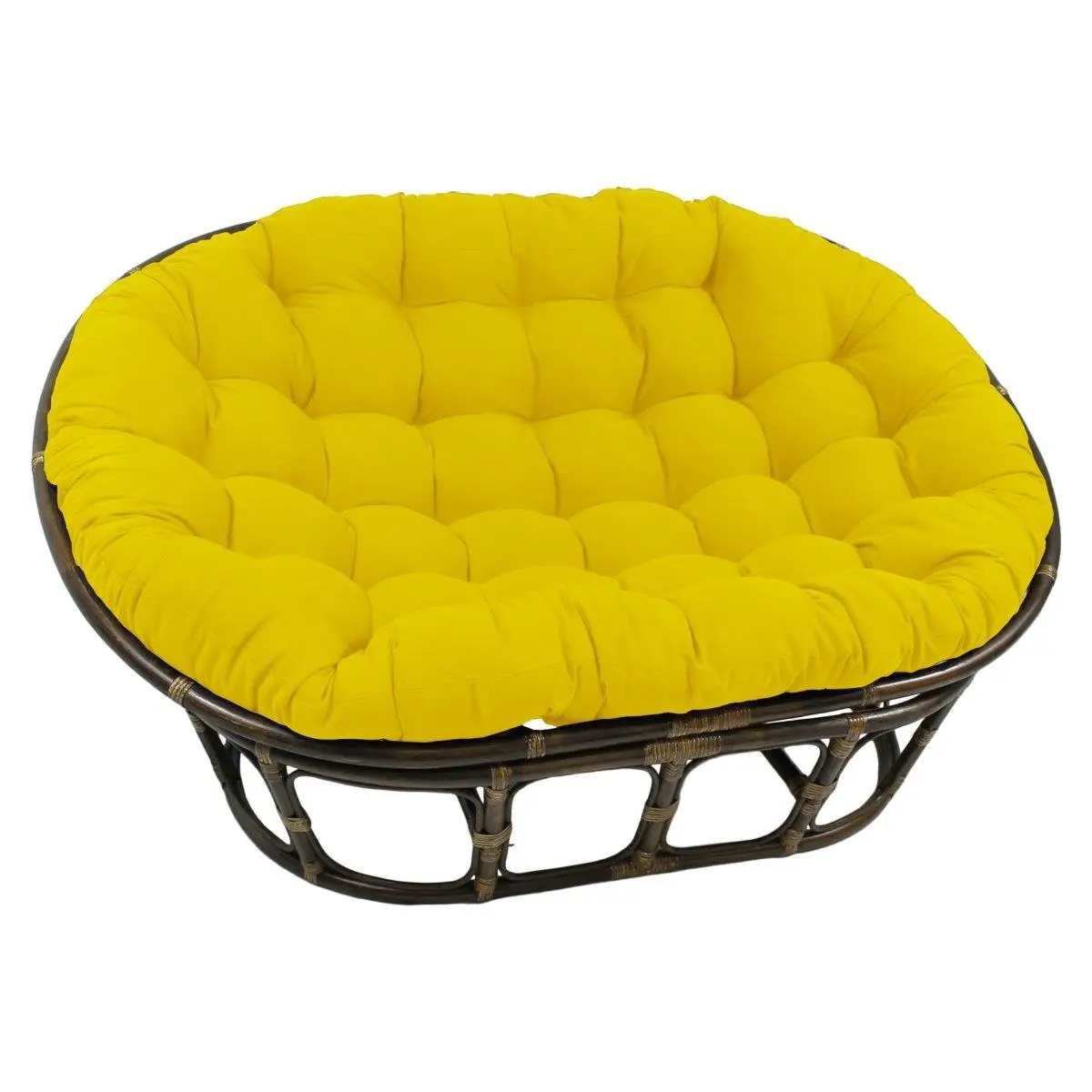 212 MAIN Handmade Rattan Frame Double Papasan Chair Outdoor Furniture Set - Patio Multi-Seat Rattan Piece, Tufted Poly-Fill Twill Cushion, Protective Lacquer Coat, 63x45 in Sunset Yellow Bohemian Porch Backyard Piece, Bohemian Outdoor Furniture Sets, Back