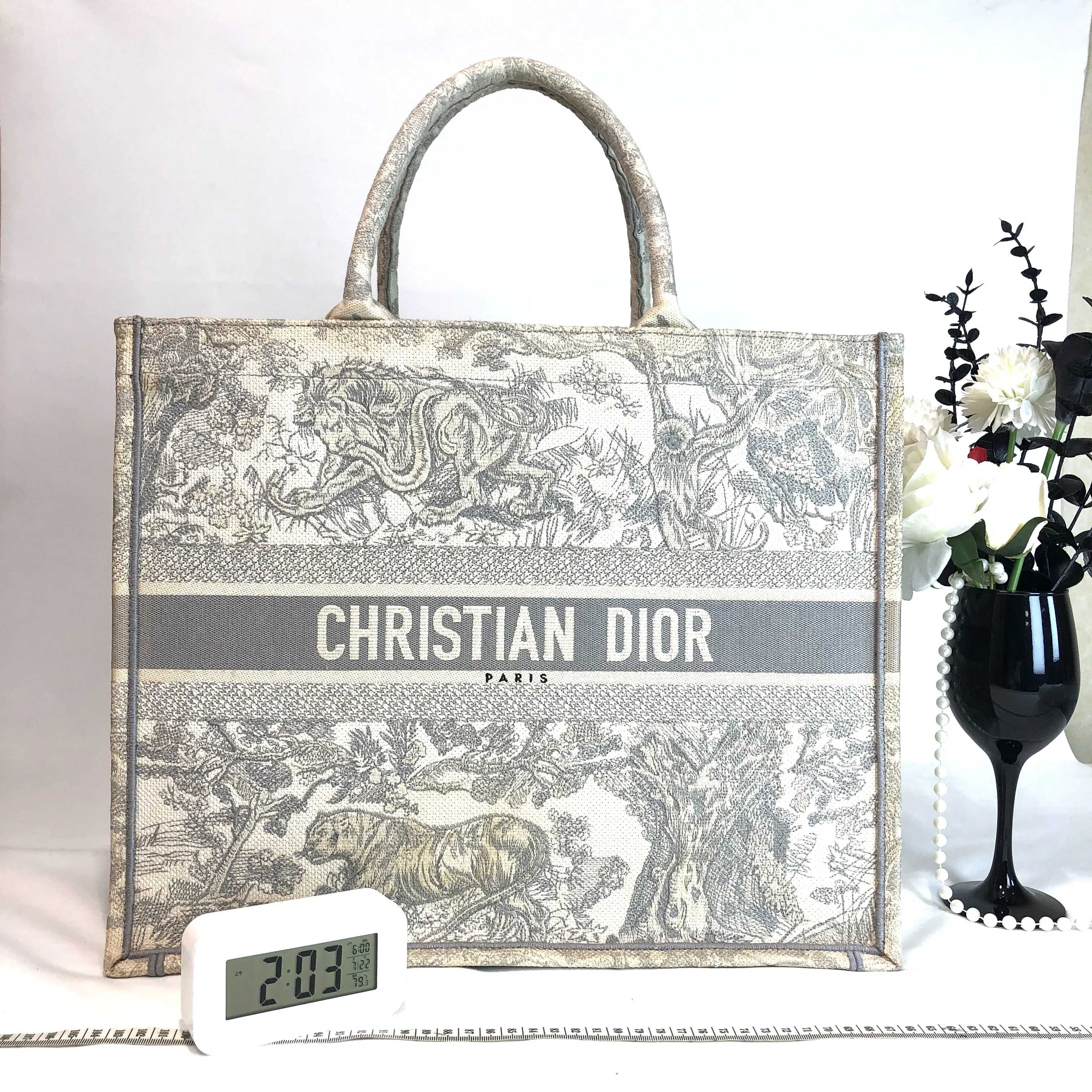 Pre-owned Dior fabric tote bags Book Tote Grey Toile de Jouy Zoo Embroidery 23954416