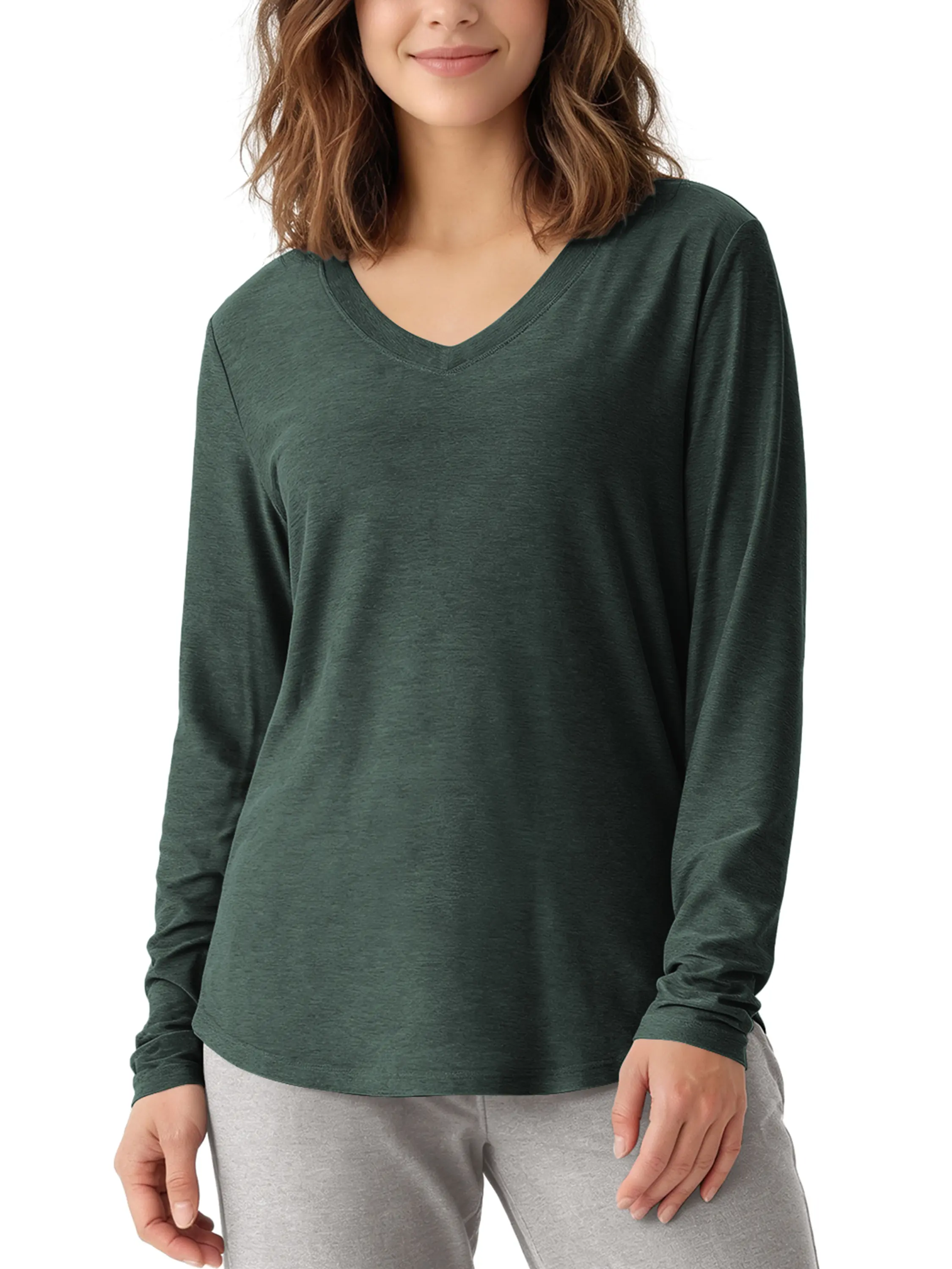 ODODOS Women's Long Sleeve Plain V-Neck Performance Tunic Tops - Ultra Soft odSTRATUM Tech Tee with Side Slit, UPF 50+ Relaxed Fit T-Shirts