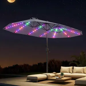 【 RGB Solar LED 】15ft Patio Parasol with Multi-Mode LED Lights Strips and Base Stand Triple-Vented Outdoor Umbrella, Oversized Umbrella for Deck, Pool, Backyard
