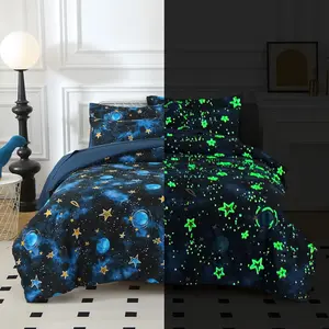 Glow in The Dark Kids Comforter Set, 5 Pieces Blue Space Bedding Set Twin Size for Boys Girls Teen, 1 Comforter, 1 Pillowcase, 1 Pillow Sham, 1 Flat Sheet,