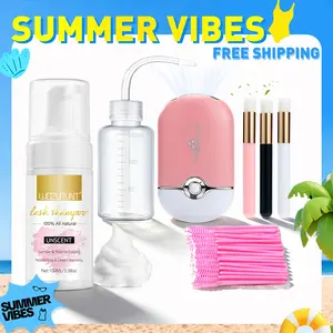 【SUMMER VIBES】3.38oz Lash Shampoo Kit for Eyelash Extensions & Gentle Mousse Cleanser & Mini Pink Handheld Fan - Easy for Beginners & Makeup Care