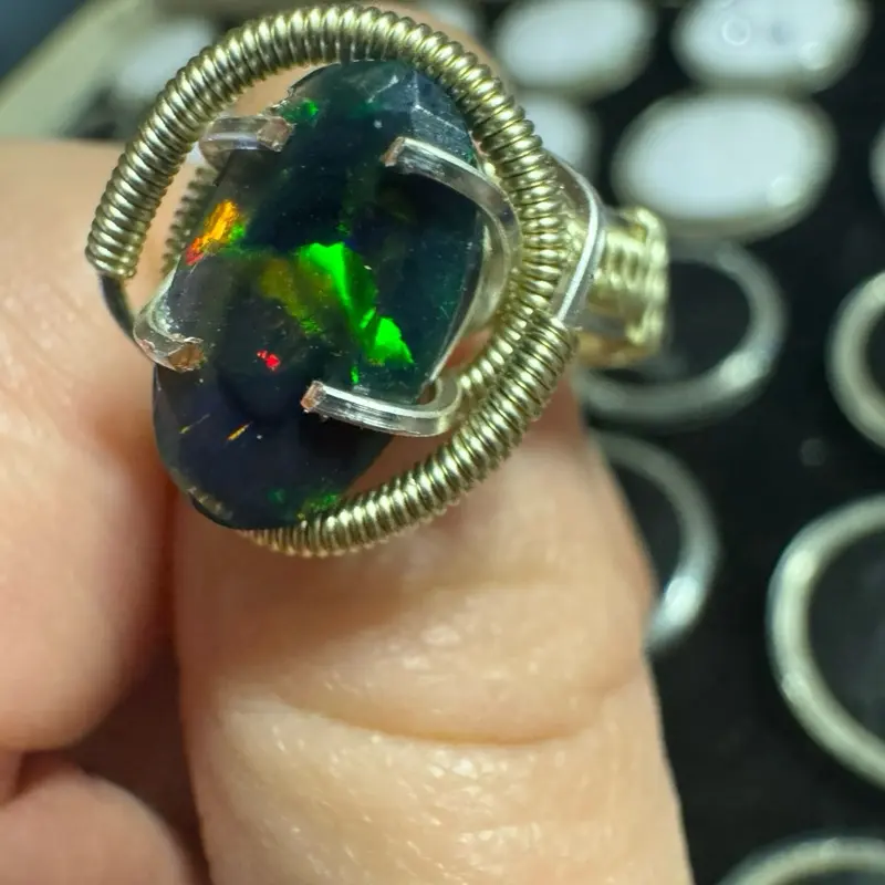 Black Opal Handmade Wire Wrapped Ring in Silver and Gold with Unique Design