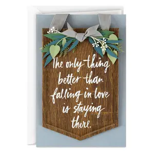 Staying in Love Anniversary Card With Hanging Wood Sign greeting card