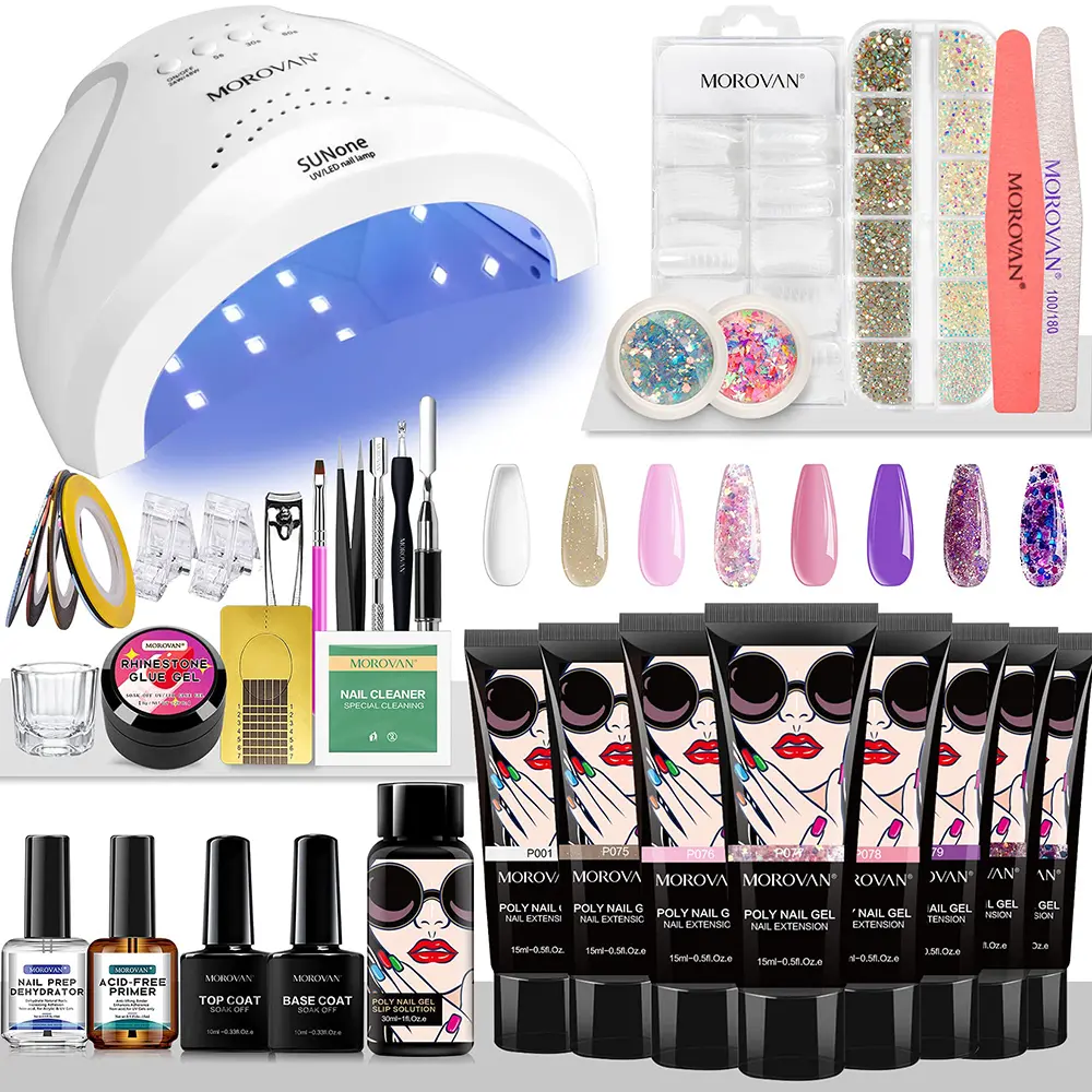 MOROVAN Poly Gel Nail Kit Starter Kit with 48W UV Lamp Gel Extension Nail Art Stickers Charms for Beginners Professional Manicure Supplies