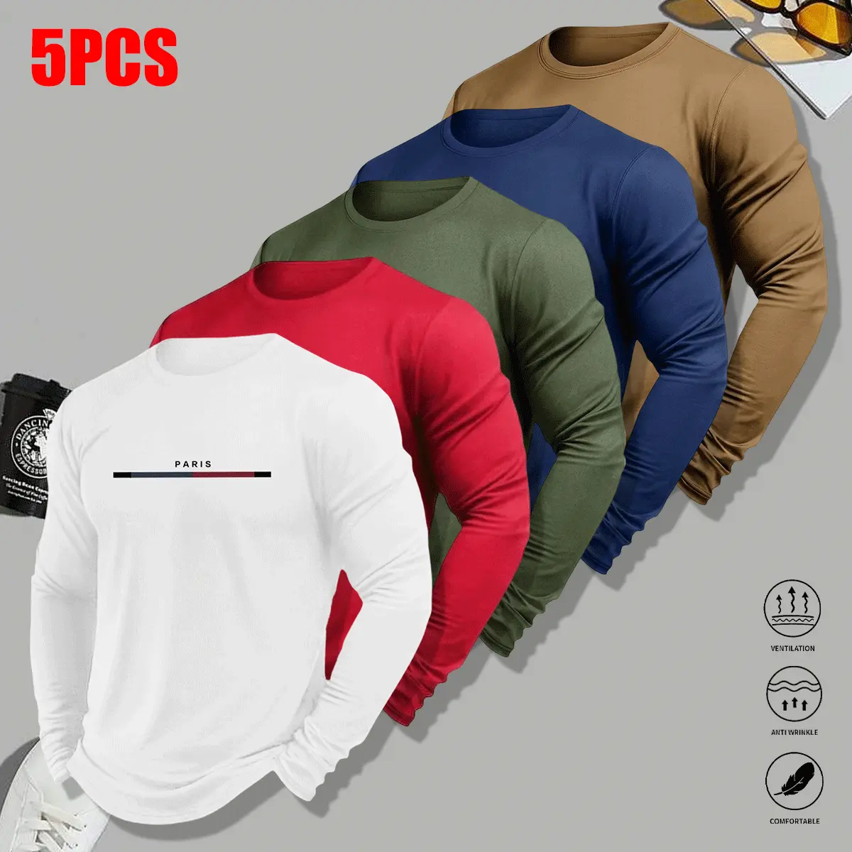 Pack of 5 men’s solid-color casual long-sleeve tops—lightweight, comfortable crewneck long-sleeve T-shirts with a simple, relaxed design, suitable for everyday wear and outdoor activities.