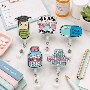 Funny Pharmacy Acrylic Badge Reel Retractable Pill ID Card Holder Name Tag Clip For Pharmacist Nurse Doctor Gift