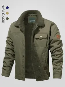 Men's Regular Fit Solid Patched Pocket Button Front Fleece Jacket, Coats, Casual Long Sleeve Collared Outerwear for Fall & Winter, Men's Clothes for Daily Wear