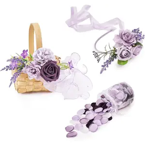 TINGE TIME Set of 3 Artificial Flowers Decoration Wedding Basket for Flower Girl with Flower Crown, Flower Basket, 400pcs Silk Rose Petals (Lavender &amp; Plum) Decorative Fruit Decorative Fruit