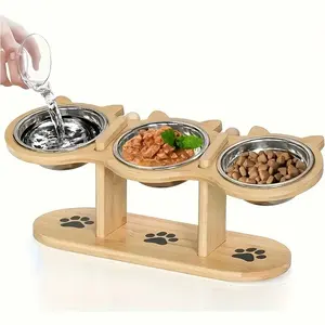 3 Stainless Steel Elevated Cat Feeder Set with Food and Includes 3 Stands, Adjustable Height 15° Tilt Neck Protection,, Rotatable Easy-to-Assemble Stand for Indoor Cats and Dogs