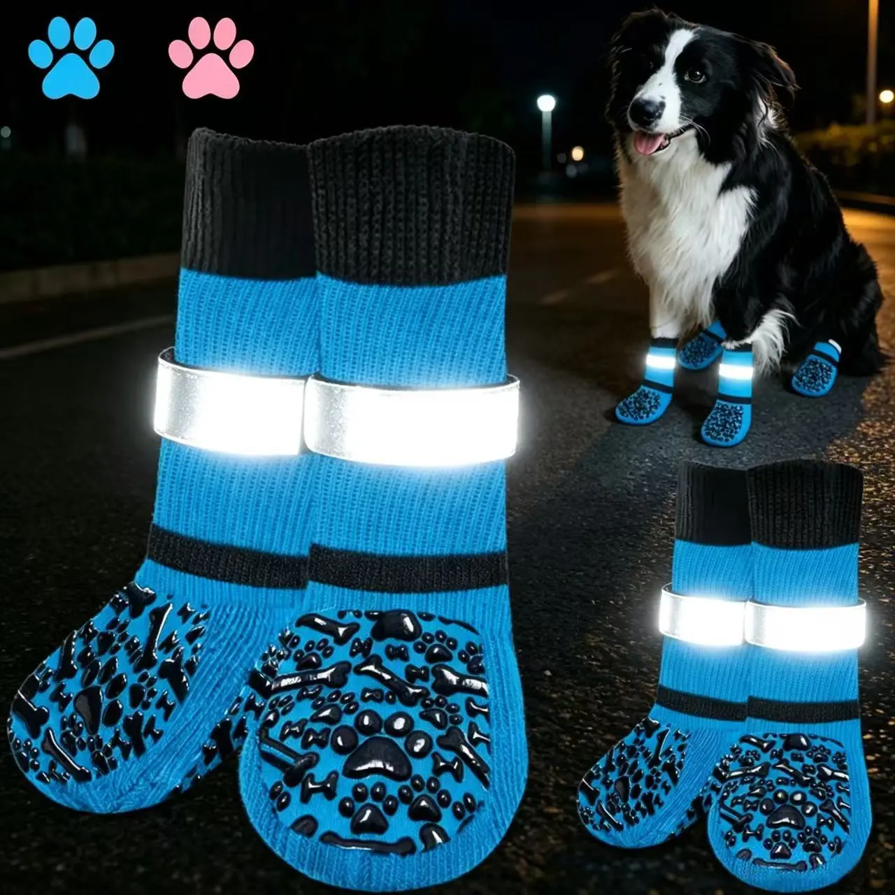 4 Pairs Indoor Quiet Pet Socks, Non-Slip Breathable Dog Socks, Adjustable Reflective Pet Foot Covers, All-Season Pet Shoe Socks, Paw Socks