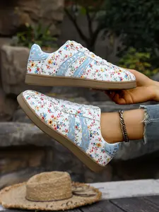 Women's Casual Low-Top Sneakers, Striped Patchwork Design, PU Leather Upper, Rubber Sole, Round Toe, All Seasons Wear, Fashionable Sneakers